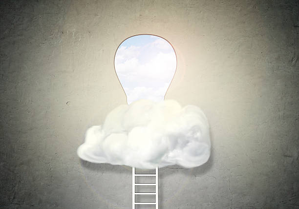 Ladder to big keyhole in white wall hidden on cloud