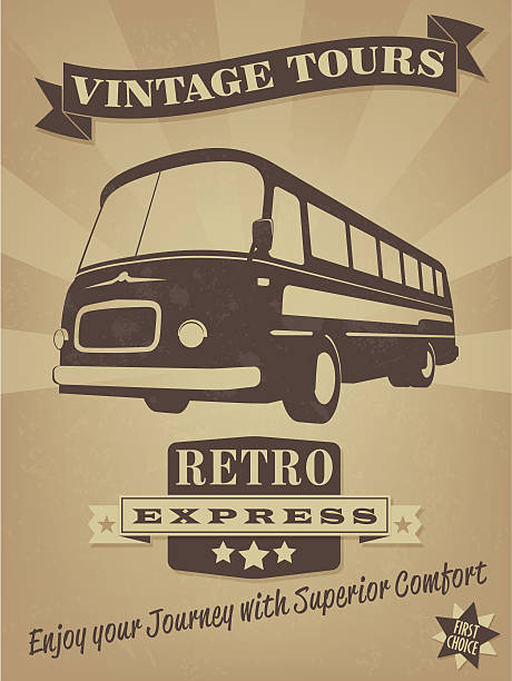 ilustraciones, imágenes clip art, dibujos animados e iconos de stock de autobús retro vintage cartel de publicidad - coach bus illustrations