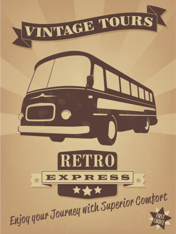 Vector Illustration of vintage bus with banner, badge and grunge texture