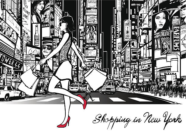 ilustraciones, imágenes clip art, dibujos animados e iconos de stock de de compras en times square, nueva york - times square