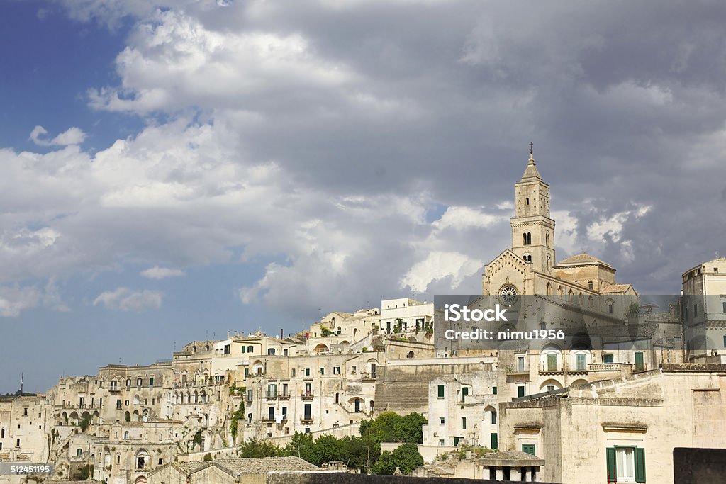Skyline of Matera, the city of the "Sassi". Italy. The historic city of Matera in Basilicata, Italy. UNESCO World Heritage Site. This amazing town was the backdrop for, among others, Mel Gibsons movie "Passion of the Christ". Abandoned Stock Photo