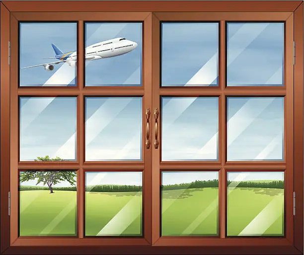 Vector illustration of Window with a view of the airplane in the sky