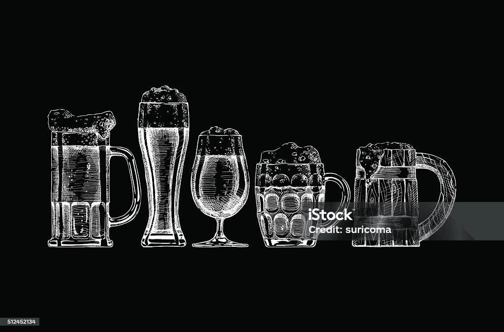 Beer set on black background. Vector set of beer glasses and mugs on black background. Chalkboard - Visual Aid stock vector