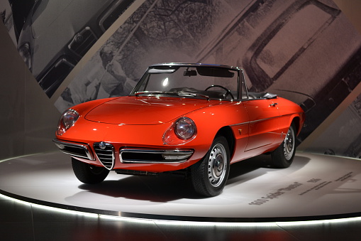 Milan, Italy - February 24th, 2016: The presentation of Alfa Romeo 1600 Spider Duetto in the car museum. This car drove in the movie \