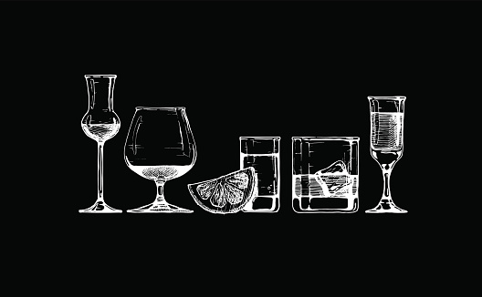 Vector set of glasses goblets in ink hand drawn style. isolated on black.