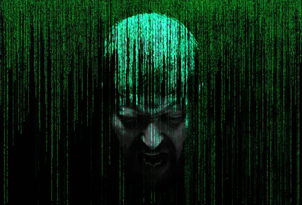 male person screaming in the security concept matrix of binary codeman's face with eyes closed, immersed in a matrix of binary code