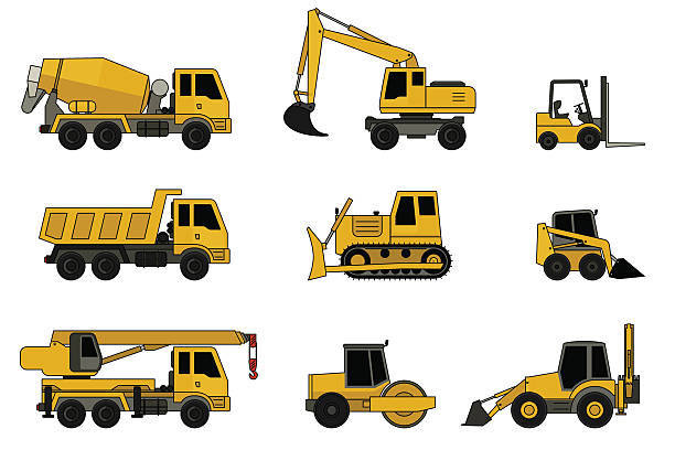 ilustraciones, imágenes clip art, dibujos animados e iconos de stock de iconos de construcción de máquinas. - bulldozer dozer construction equipment construction machinery