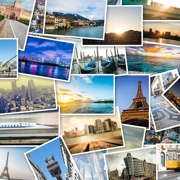 collage of photos with famous travel destinations - resmål fotografier bildbanksfoton och bilder