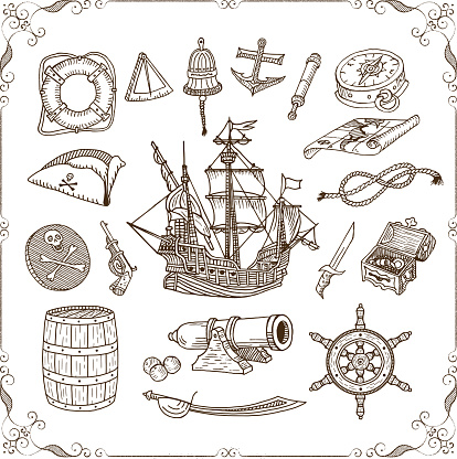Old sea doodles set. Vector illustration on the theme of the treasure.
