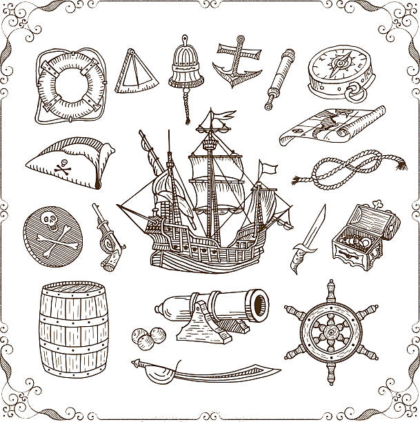 Old Sea Doodles Set Old sea doodles set. Vector illustration on the theme of the treasure. anchor vessel part stock illustrations