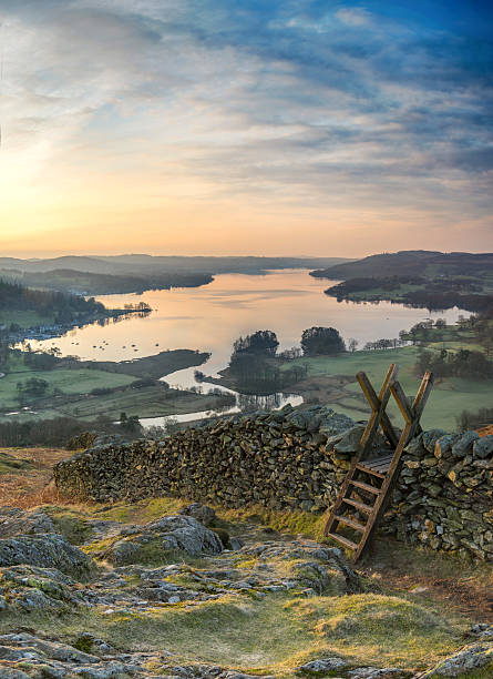 View of a sunrise over Windermere in the Lake District