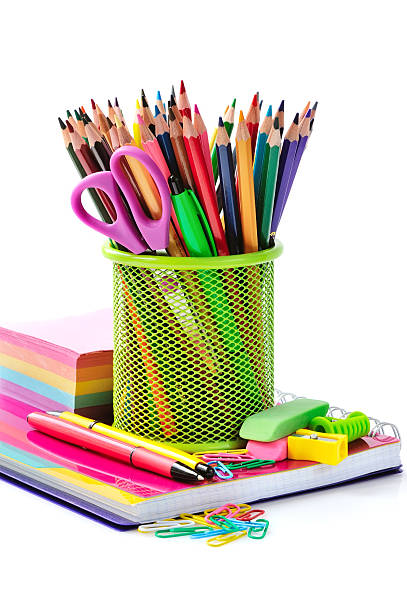 istock Holder basket and office supplies isolated on white background 512471374