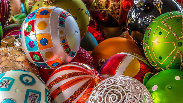 Christmas ornaments featuring various Christmas balls stock photo