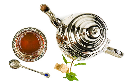 Traditional Arabic mint tea on white backgroun