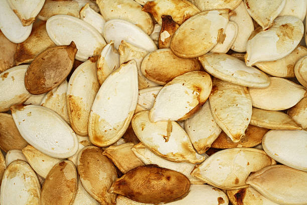 istock Food background - big unshelled  roasted pumpkin seeds 512473976