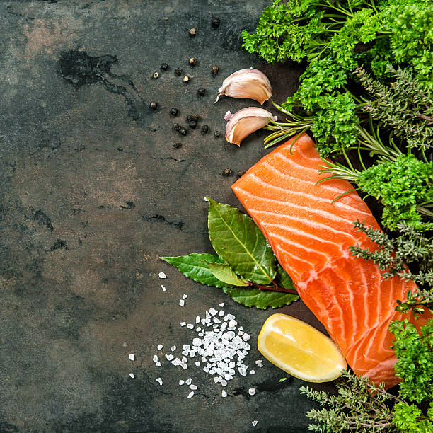 istock Salmon fish fillet with herbs spices. Seafood 512474336