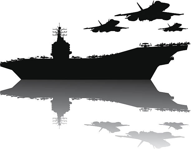 Navy power Aircraft carrier and flying aircrafts detailed silhouettes. Vector EPS10 landing touching down stock illustrations