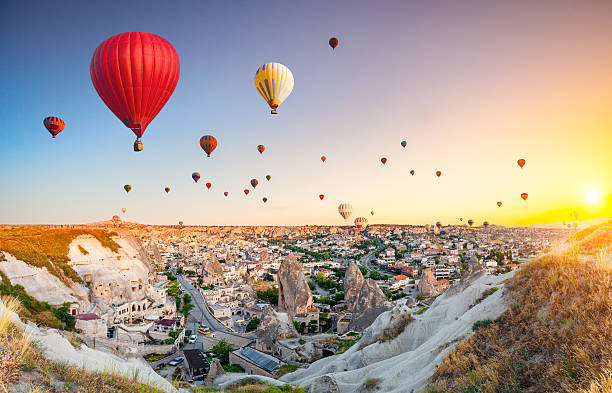 Hot air balloons over Cappadocia stock photo