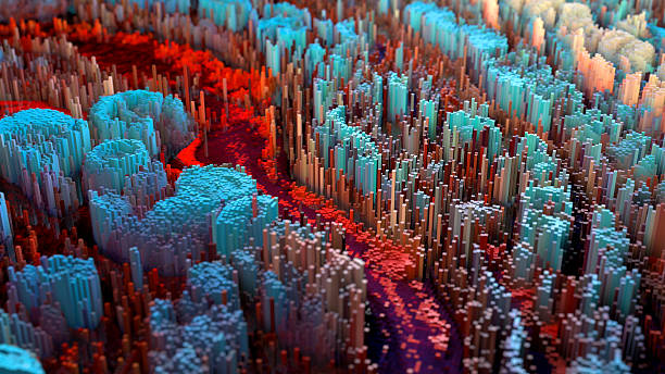 istock 3D render of an abstract Landscape made of tiny cubes 512476719