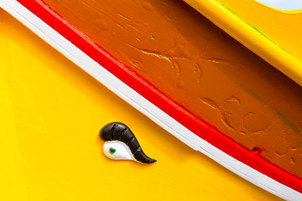Abstract close up view of the vibrant colours and design usually used on the traditional Maltese fishing boat, the \