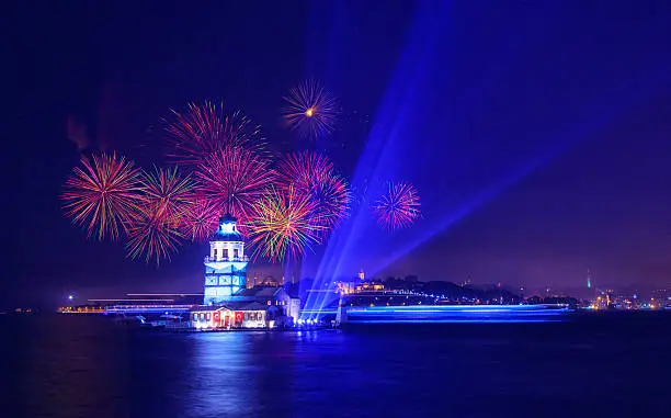 Indipendent day celebration with colorful firework display and laser light show over Bosphorus, Istanbul.