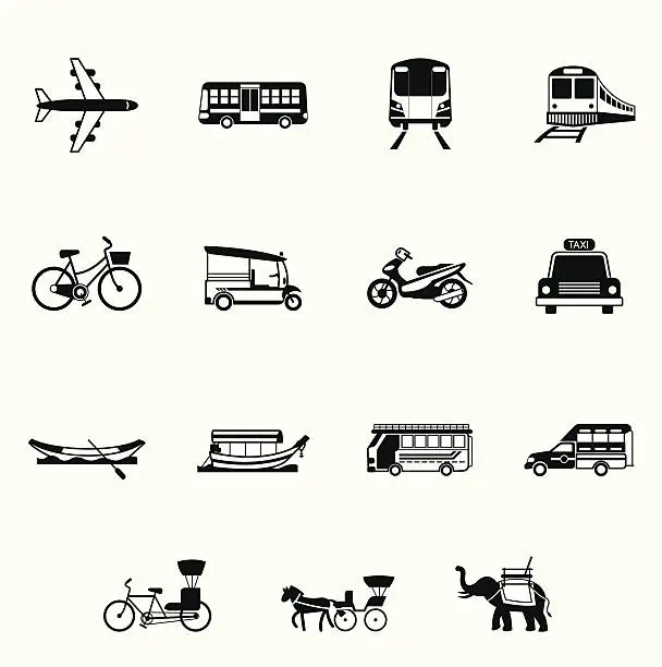 Vector illustration of B&W icons set : Thailand Transportation, Trips & Travel