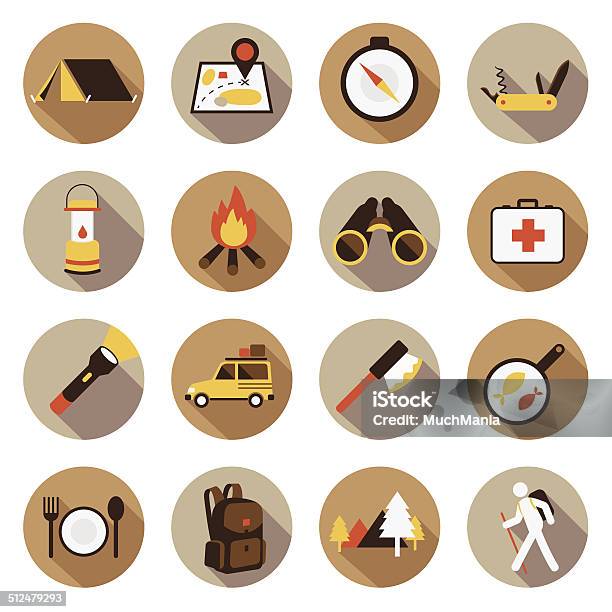 Flat Icons Set Adventure Camping Trips Travel Stock Illustration - Download Image Now