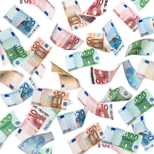 Money rain Falling Euro banknotes isolated on white background european union euro note stock pictures, royalty-free photos & images