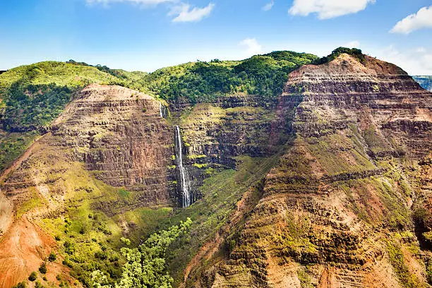 Subject: The ariel view of waterfalls in Waimea Canyon from a helicopter flying over the Canyon on the west side of the island of Kauai. Photographed in horizontal format.