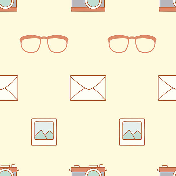 Pattern with hipster elements Vector seamless pattern with hipster glasses, camera, photo and letter hipster boy photographer with retro camera stock illustrations