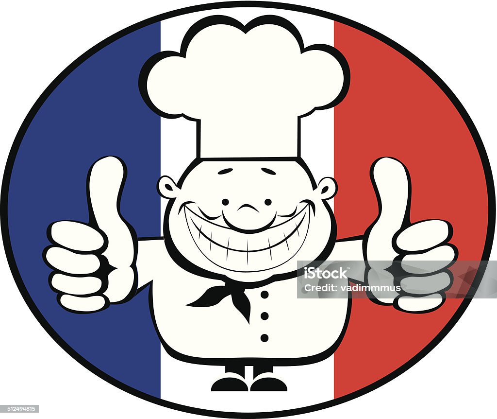 Happy Chef Smiling cartoon chef showing thumbs up on French flag background. Vector on separate layers. Adult stock vector