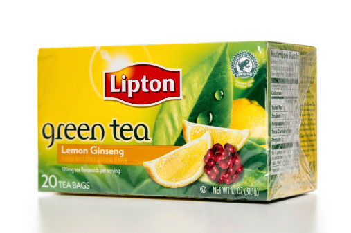 Miami, USA - August 11, 2014: Lipton lemon ginseng green tea box