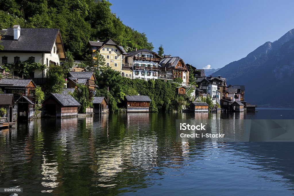 Hallstatt Hallstatt historical city in high mountains Alps AustriaAerial view at Hallstatt in high Alps Austria Aerial View Stock Photo