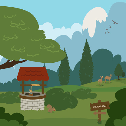 Wishing Well Illustration. Image comes grouped separately on different layers. Background, Water Well, Squirrel, Deer, and Sign each have their own layers for easy editing.