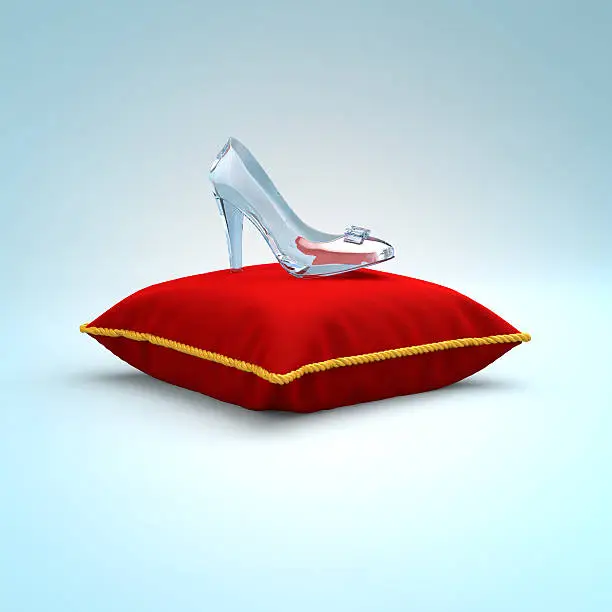 Glass slipper on red pillow. Fashion background. Digital illustration. Beauty design element. Luxury shoes.
