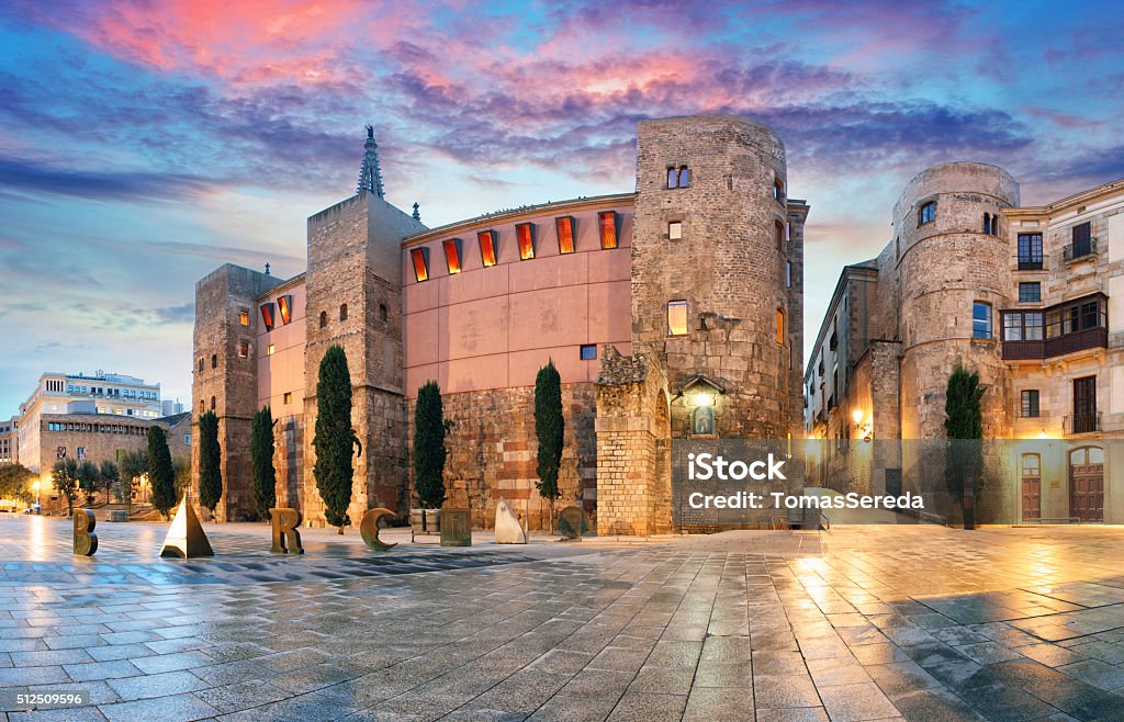 Panorama of Gate, Barri Gothic Quarter, Barcelona, Spain Panorama of Ancient Roman Gate and Placa Nova, Barri Gothic Quarter, Barcelona, Spain Barcelona - Spain Stock Photo