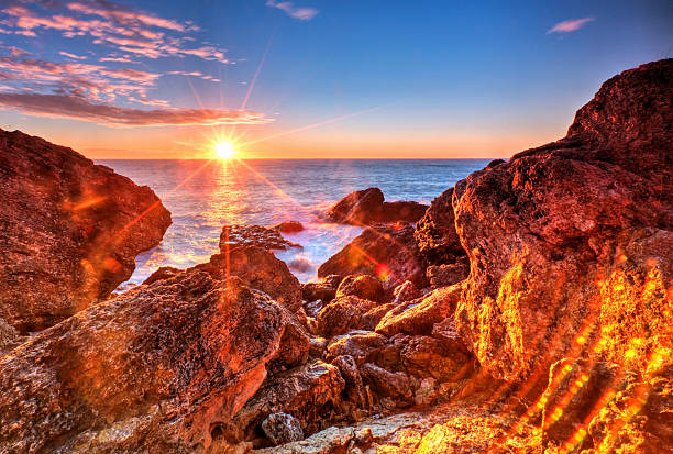istock Sunrise on rocky shore and dramatic sky clouds 512510166