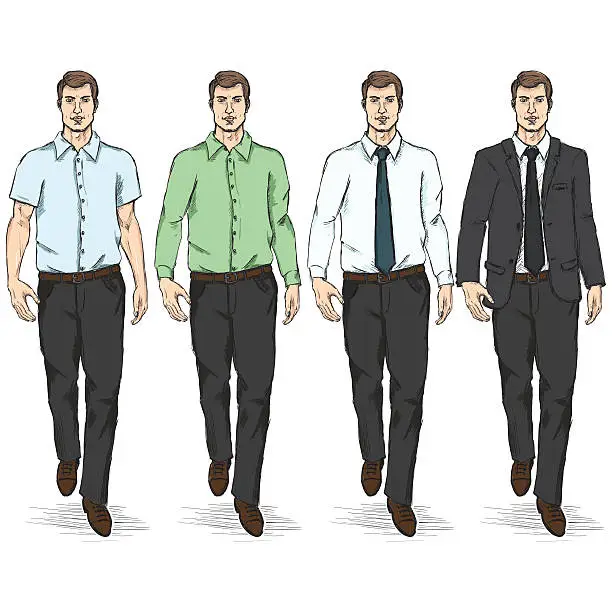 Vector illustration of Vector Set of Color Sketch Men Models.  Business Dress Code