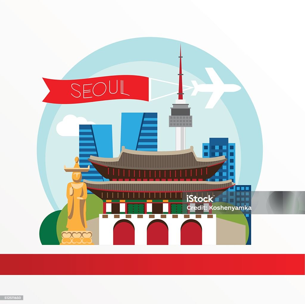 Seoul, detailed silhouette. Trendy vector illustration, flat style. Seoul, detailed silhouette. Trendy vector illustration, flat style. Stylish colorful  landmarks. The concept for a web banner. Gwanghwamun - The symbol of South Korya. Architectural Dome stock vector