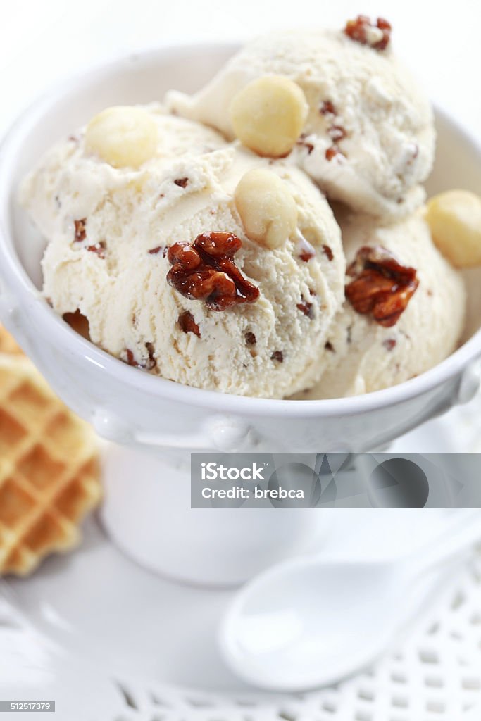 Nut ice cream Nut ice cream with walnut and macadamia nut Frozen Stock Photo