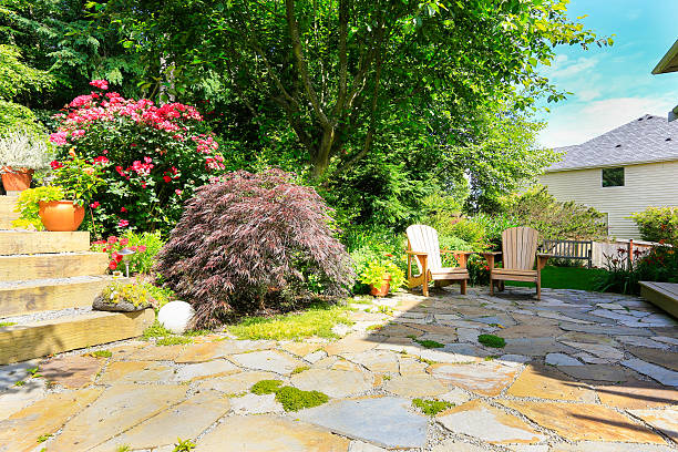 istock Outdoor rest area. Backyard with wooden chairs 512519079