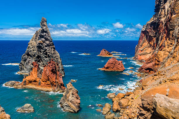 Impressive volcanic rock formations on the East coast of Madeira stock photo