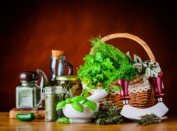 verde plantas aromáticas frescas e secas ervas aromáticas - mortar and pestle spice seasoning coriander seed imagens e fotografias de stock