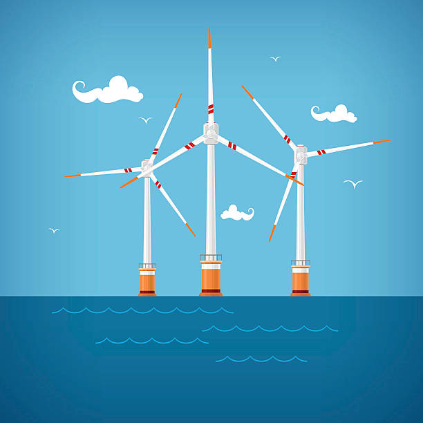 ilustraciones, imágenes clip art, dibujos animados e iconos de stock de turbinas eólicas en el mar - wind turbine motion alternative energy wind power