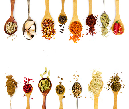 Spices in spoons isolated on white background. Top view.