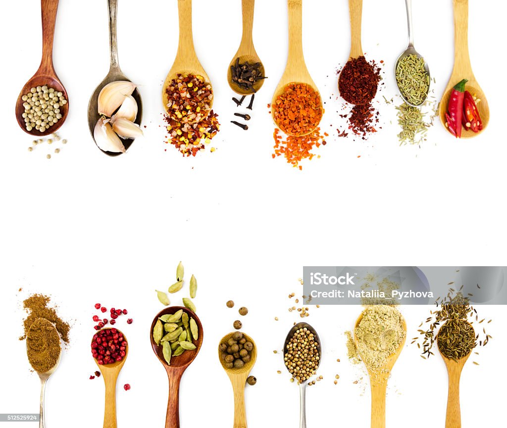 Spices in spoons isolated on white background. Spices in spoons isolated on white background. Top view. Spice Stock Photo