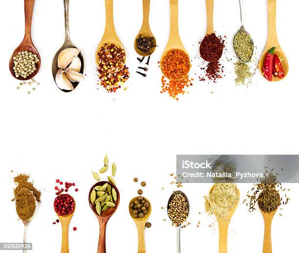 Spices In Spoons Isolated On White Background Stock Photo - Download Image Now - Spice, White Background, Spoon