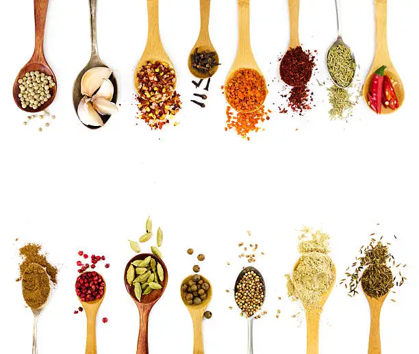 Photo of Spices in spoons isolated on white background.