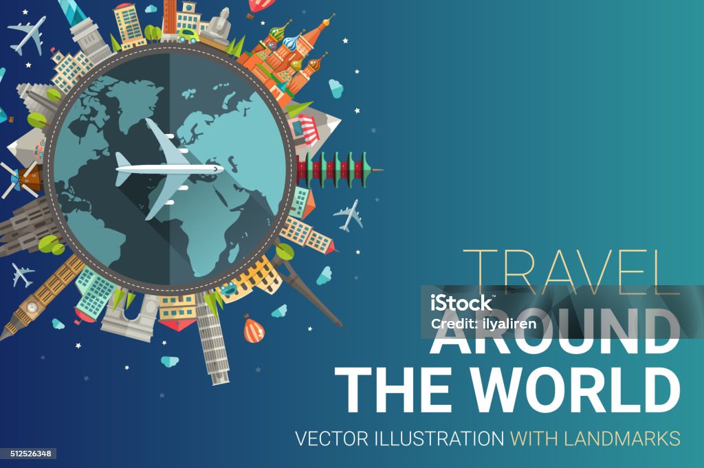 Em todo o mundo, projeto de ilustração de cartão postal plana - Vetor de Viagem royalty-free