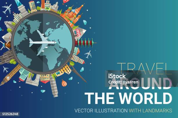 Around The World Flat Design Postcard Illustration Stock Illustration - Download Image Now - Travel, Travel Destinations, Globe - Navigational Equipment